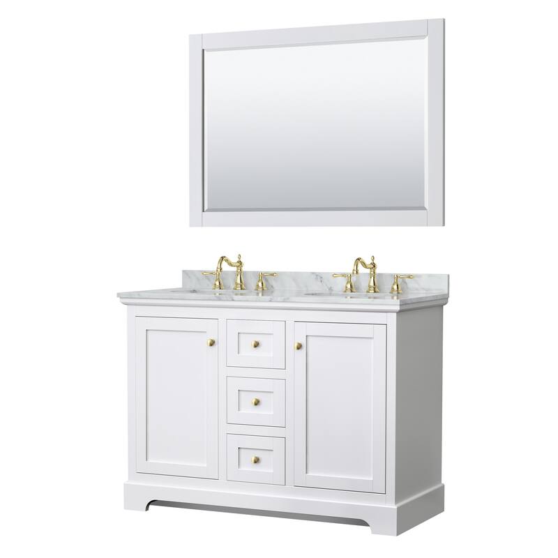 Wyndham Collection Avery 48" Free Standing Double Basin Vanity Set - White / White Carrara Marble Top / Brushed Gold - Painted