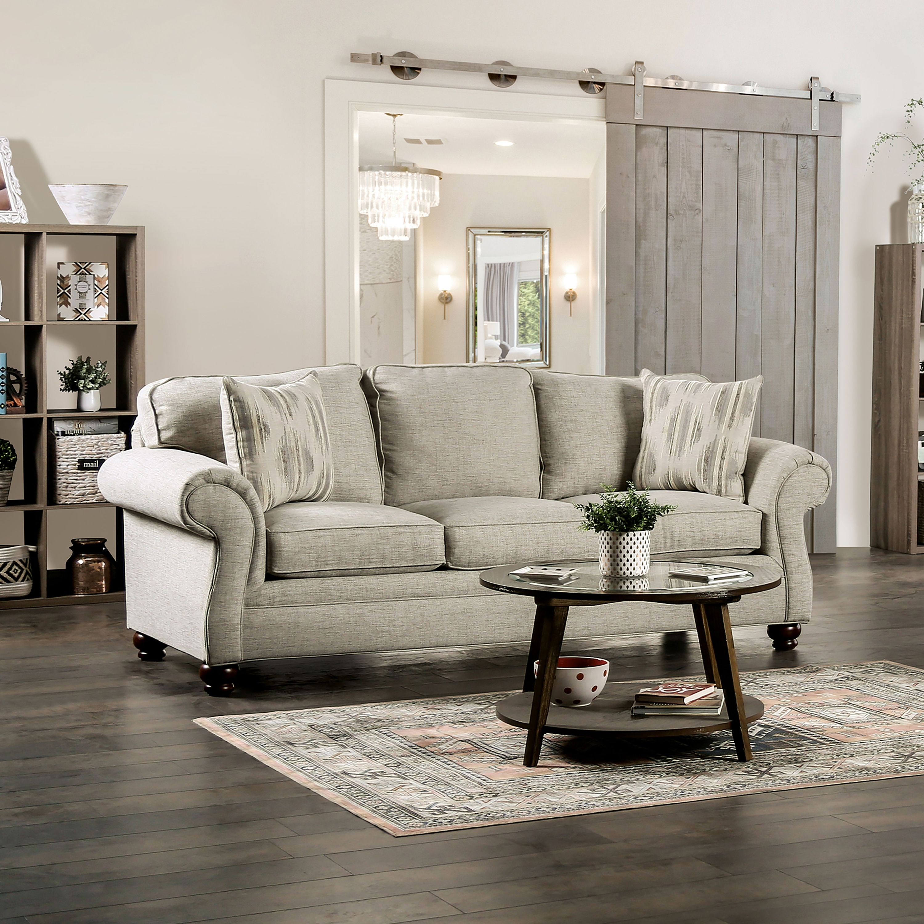 Furniture of America Chetbert Transitional Cream Fabric Upholstered Rolled Arms Sofa