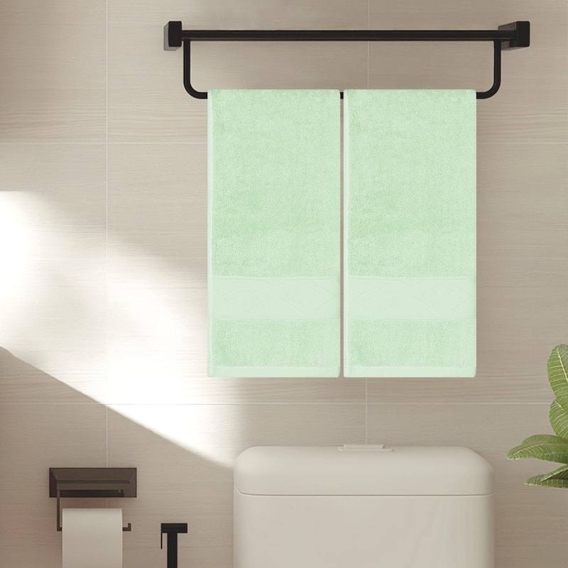 Rhombus Pattern Hand Towel Set of 2, Cotton, Highly Absorbent and Quick Drying Towels for Bathroom, Kitchen, Spa 13" x 30" - Green
