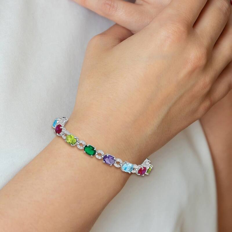 Curata 925 Sterling Silver Polished Open back Safety bar Multi colored Box Catch Closure 7inch Silver Multicolor CZ Cubic