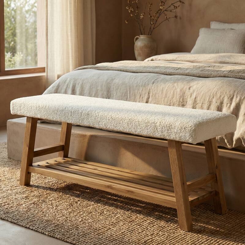 55 Inch Upholstered Entryway Bench with Cushion, Solid Wood Shoe Rack Bench with Shelf for Bedroom, Kitchen, Dining Room