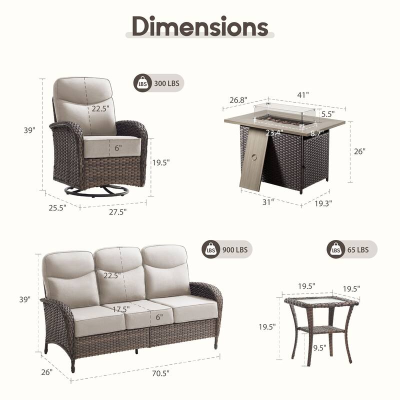 Luna 9-Piece Wicker Outdoor Patio Fire Pit Sofa Set with 6-Inch Thick Cushions