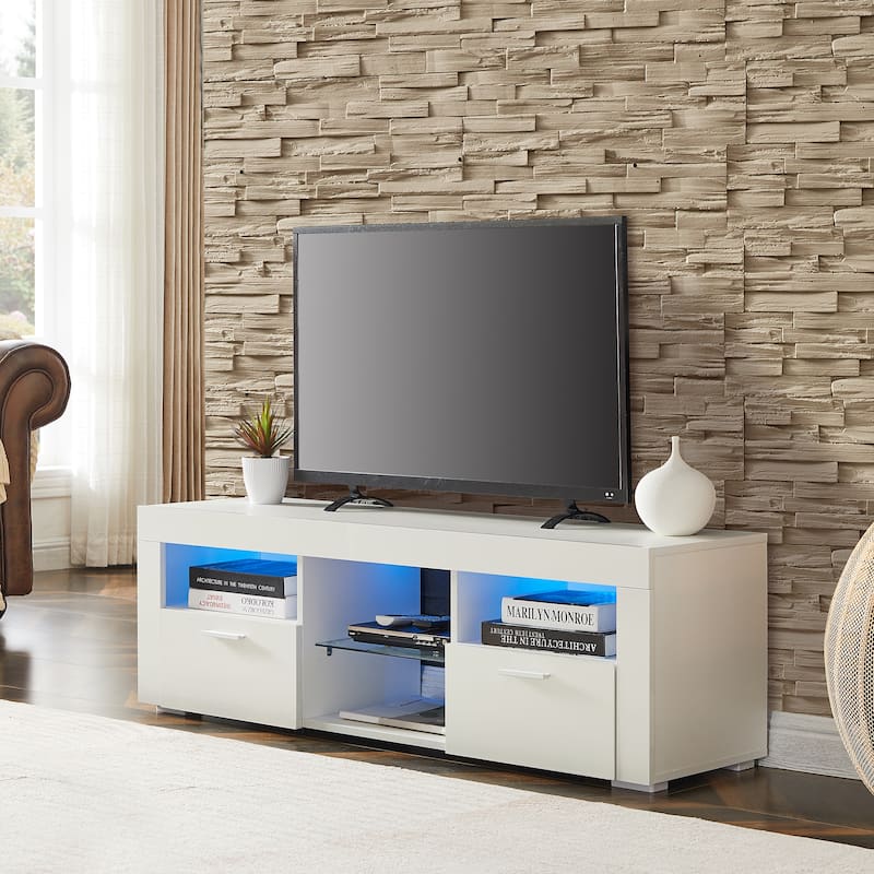 White 51.2" TV Stand with LED Lights and 2 Large Storage Drawer for TVs Up to 55"