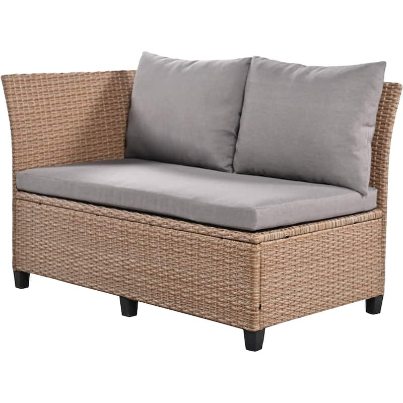 Roomfitters 5-Piece Outdoor Rattan Sofa Set, Patio Sectional Furniture with Dining Table, Storage Bench, Side Trays