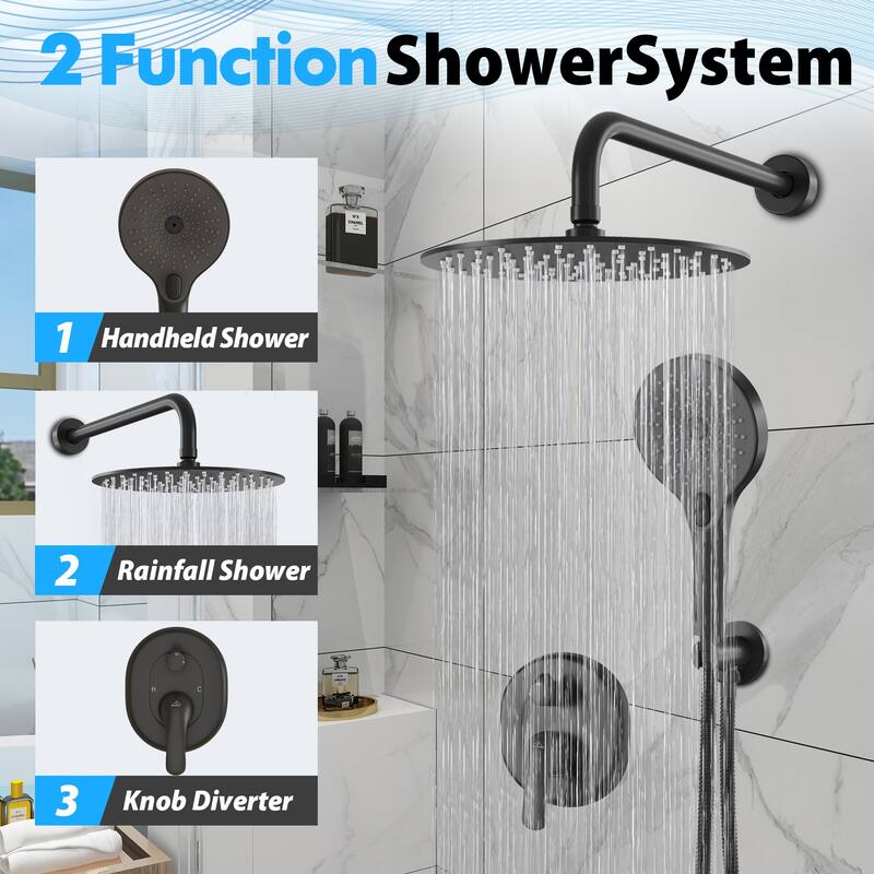 2-Functions Wall Mount Shower System Rainfall Shower Head - Matte Black 10 inch