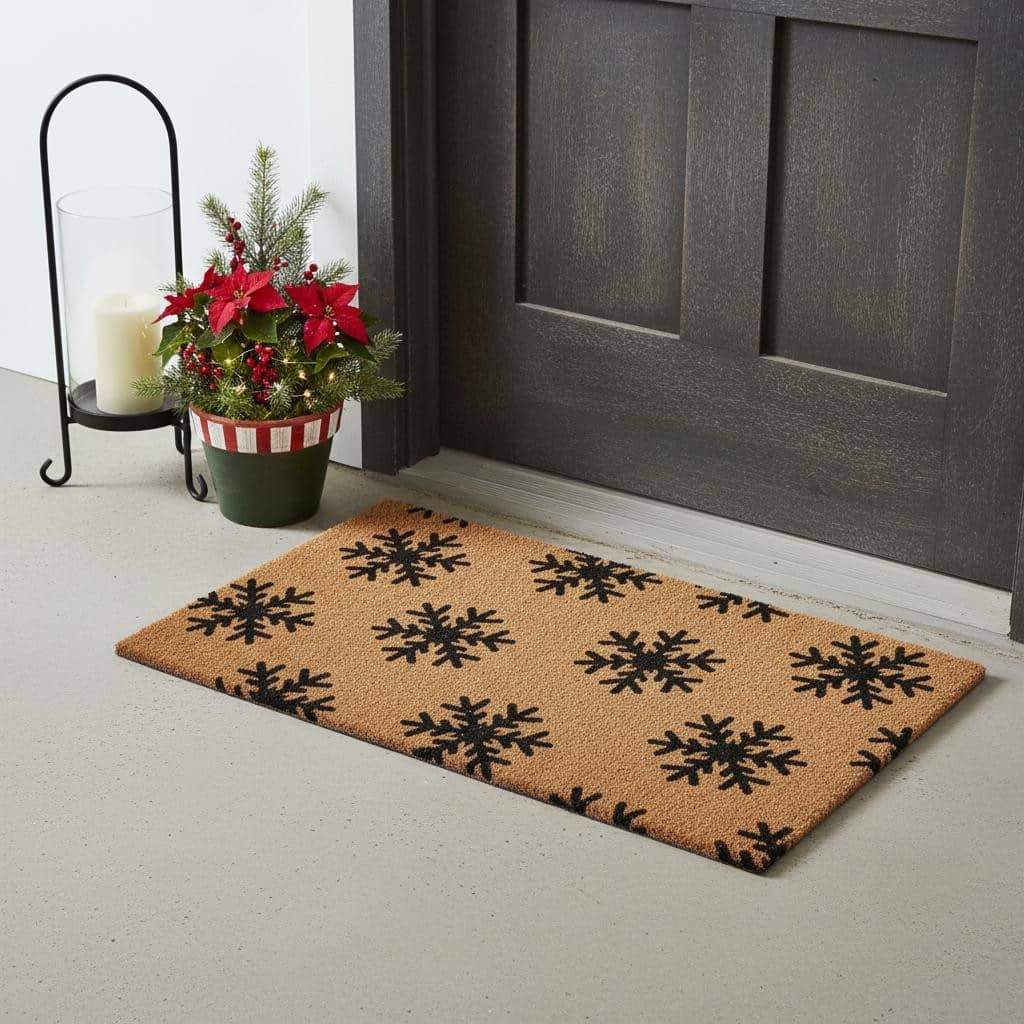HomeRoots 17" X 29" Brown And Black Christmas Snowflake Outdoor Coir Door Mat - 17.00' X '29.00