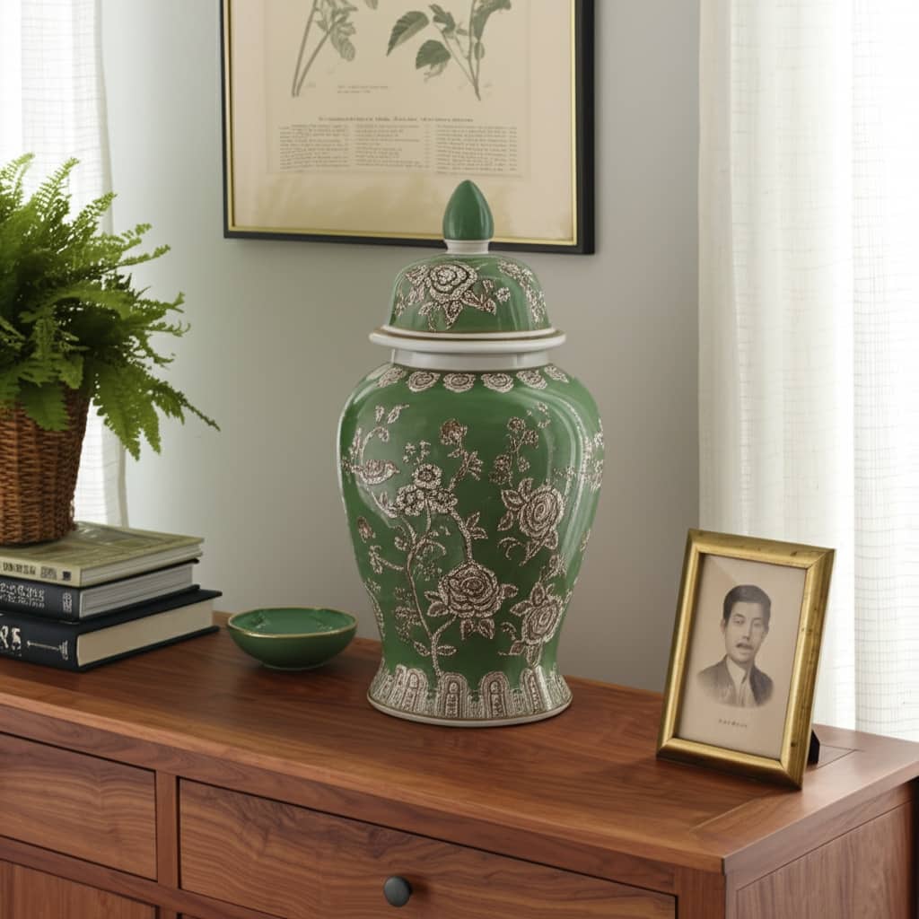 Ceramic Decorative Temple Jar Bird Flower with Lid for Home Decor