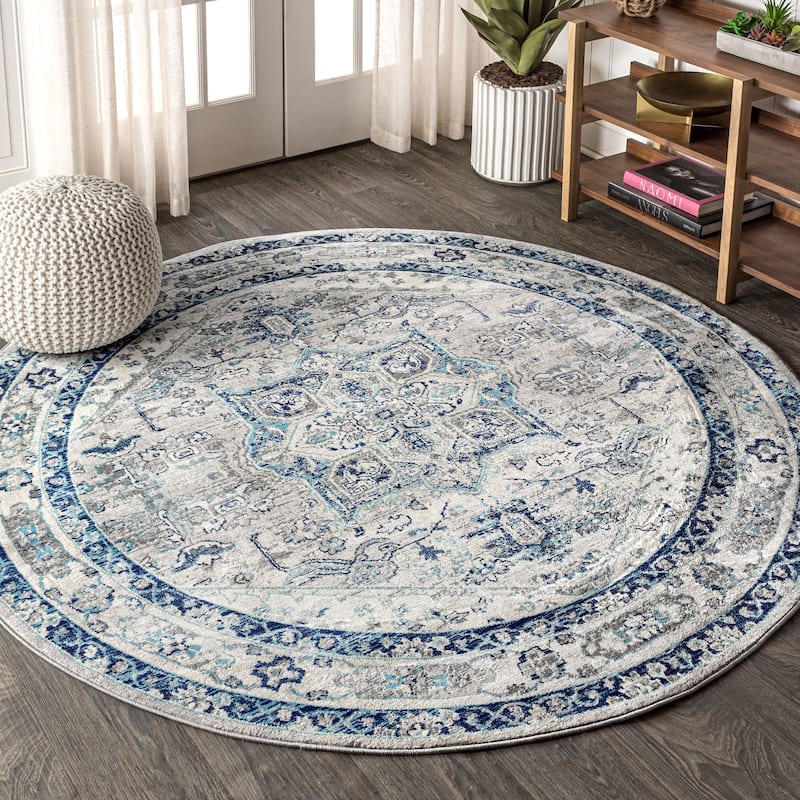 JONATHAN Y Traditional Persian Vintage Medallion Area Rug - 8' Round - Light Gray/Blue