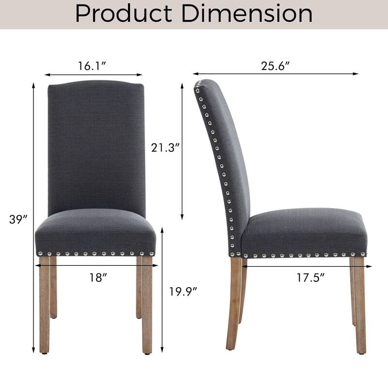 Set of 2 Gray Fabric Dining Chairs with Nailhead Trim