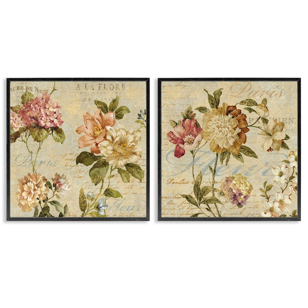 Stupell Vintage French Floral Painting with Background Script, 2pc Multi Piece Framed Wall Art Set