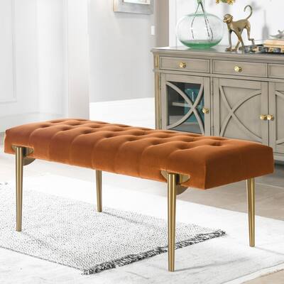 Upholstered Gold Accent Bench, Velvet, Sturdy Solid Birchwood and Plywood Frame