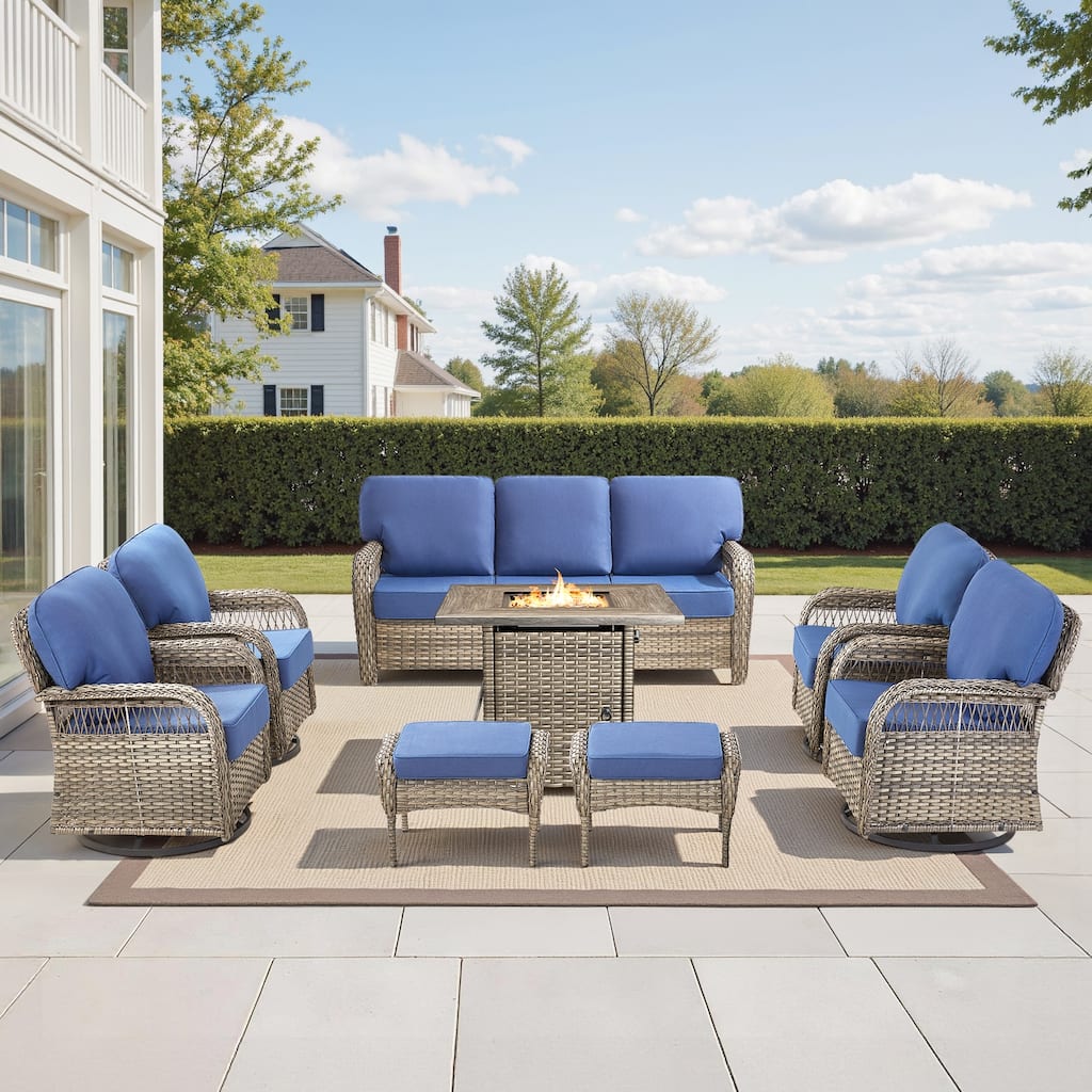 Pocassy Outdoor Sofa Ottoman Swivel Chair Table with Fire Table Funiture Set.