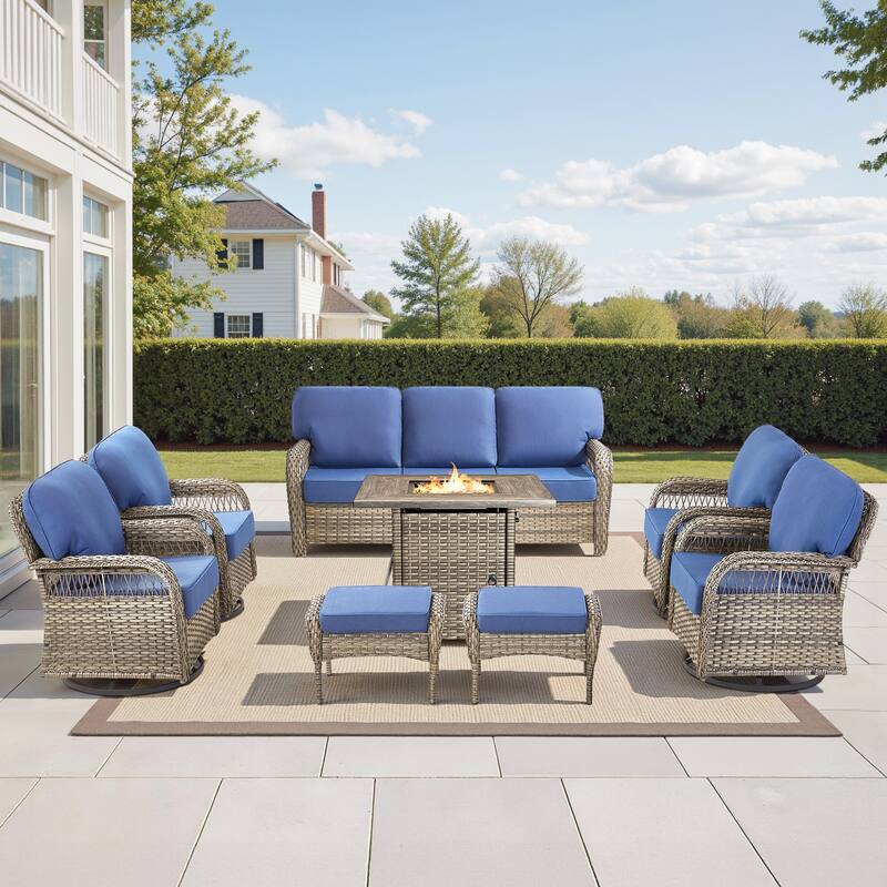 Pocassy Outdoor Sofa Ottoman Swivel Chair Table with Fire Table Set.