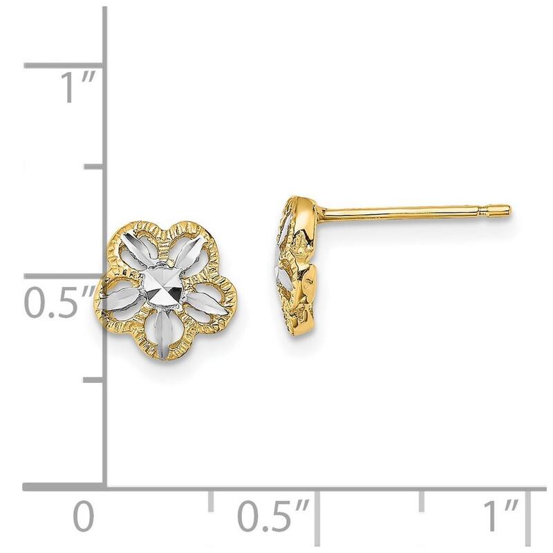 Curata 10k Yellow Gold Rhodium Sparkle Cut Flower Post Earrings - 7.9x7.9mm