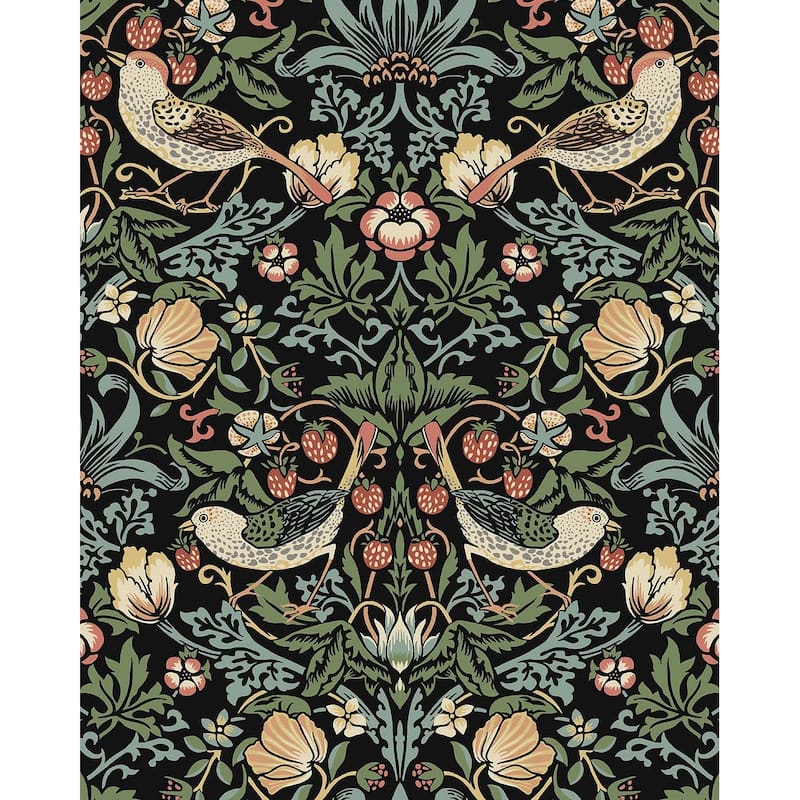 Seabrook Designs Fragaria Garden Prepasted Wallpaper - 20.5 in. W x 33 ft. L - Ebony