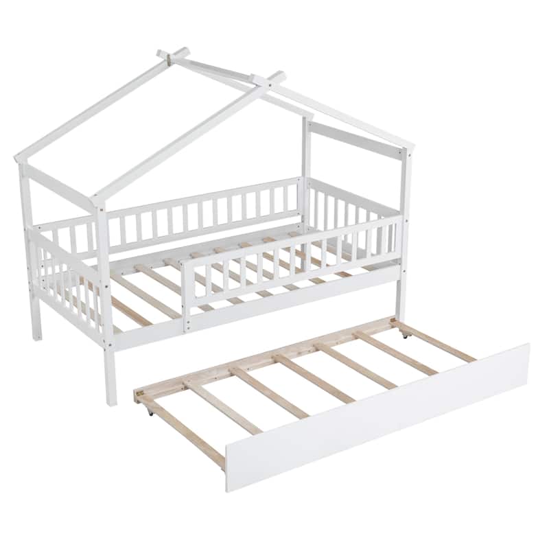 Kids Playhouse Daybed Bed, Wooden Twin Platform Bed Frame with Trundle ...
