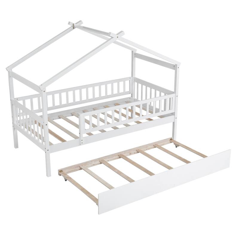 Pine House Bed with Trundle, Guardrail & Roof
