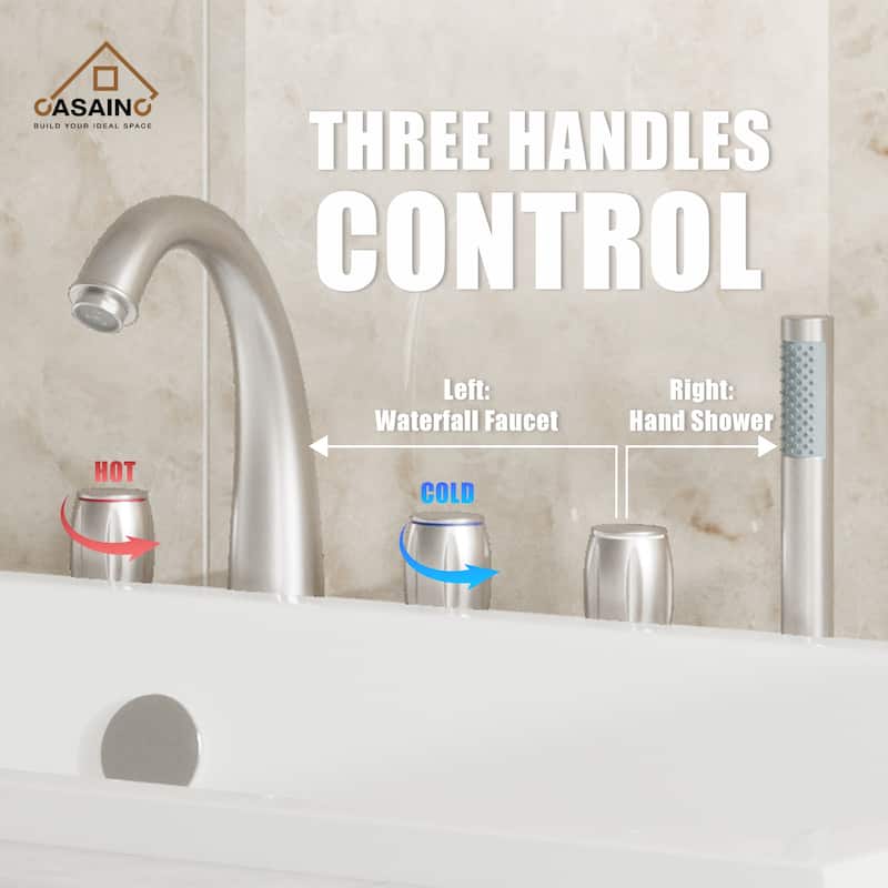 3-Handle Waterfall Roman Tub Faucet Deck-Mount Bathtub Faucet with Hand Shower
