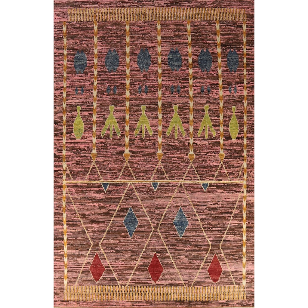 Geometric Moroccan Oriental Large Rug Hand-Knotted Pink Wool Carpet - 10'1" x 13'10"