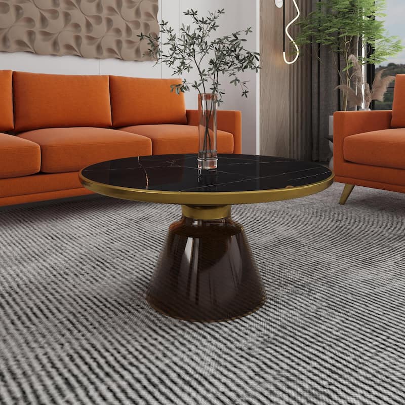Tully Modern Round Glass/Stone Coffee Table with Brushed Gold Iron Rim Frame Glass Pedestal Base Fully Assembled