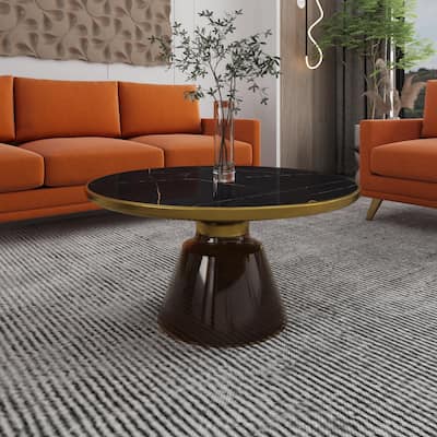 Tully Modern Round Glass/Stone Coffee Table with Brushed Gold Iron Rim Frame Glass Pedestal Base Fully Assembled