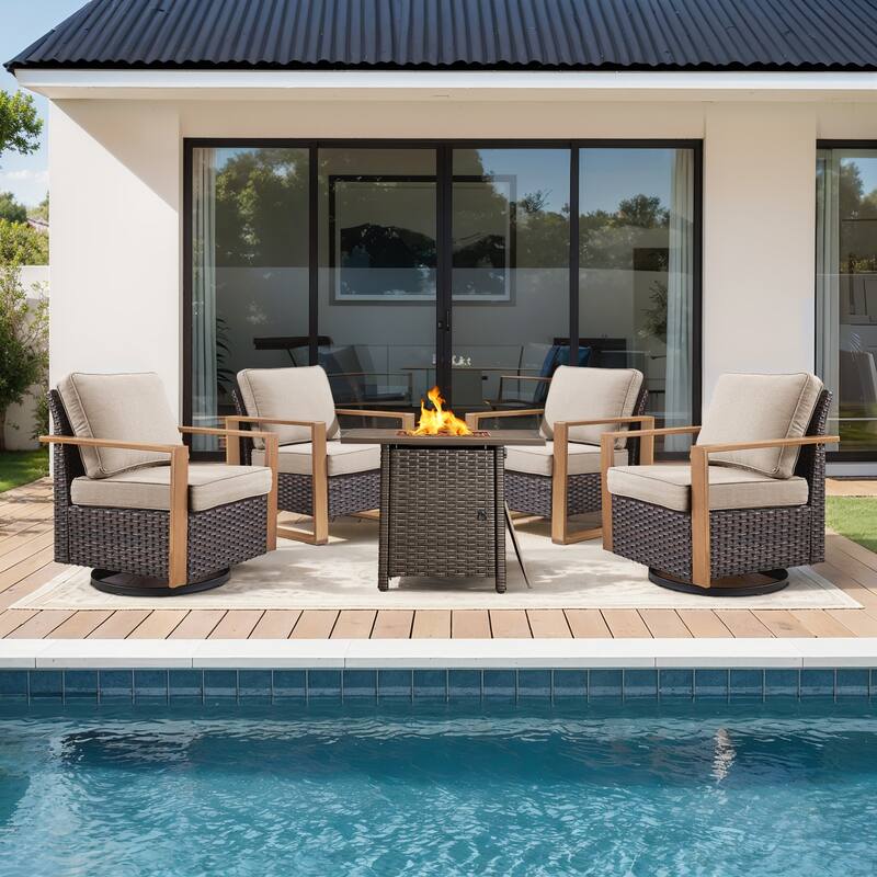 Meyreso 5-Piece Wicker Patio Conversation Set with Fire Pit & Plush 4.5" Olefin Cushions