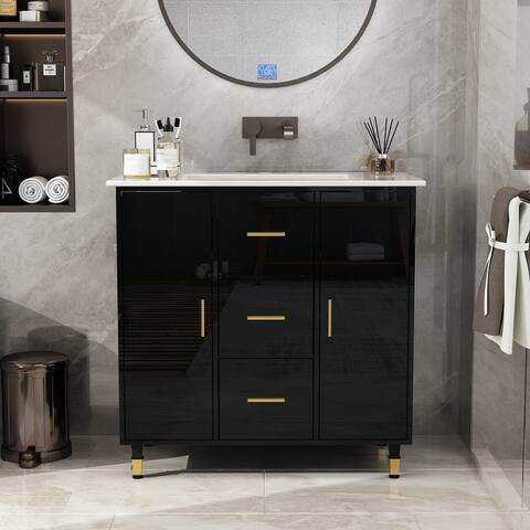 FAMAPY 35.4" Bathroom Vanity High Gloss Black Lacquer Solid Wood Leg