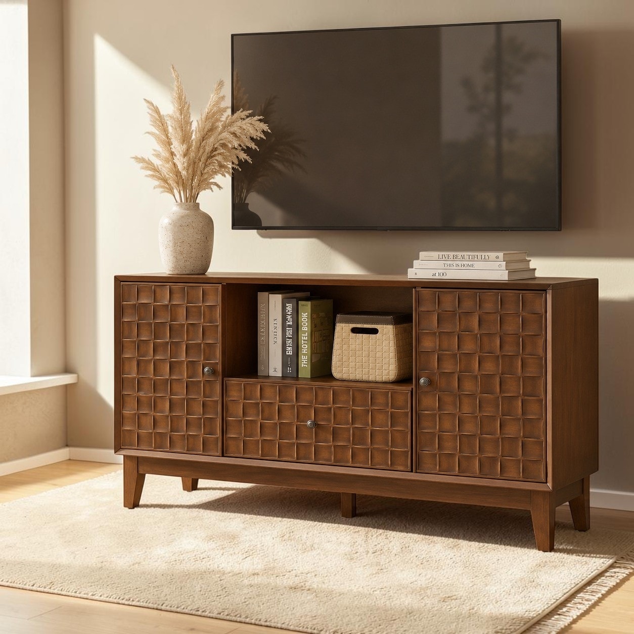 Mid Century TV Stand for TVs up to 55", Wood Entertainment Center with Storage Cabinets and Drawer