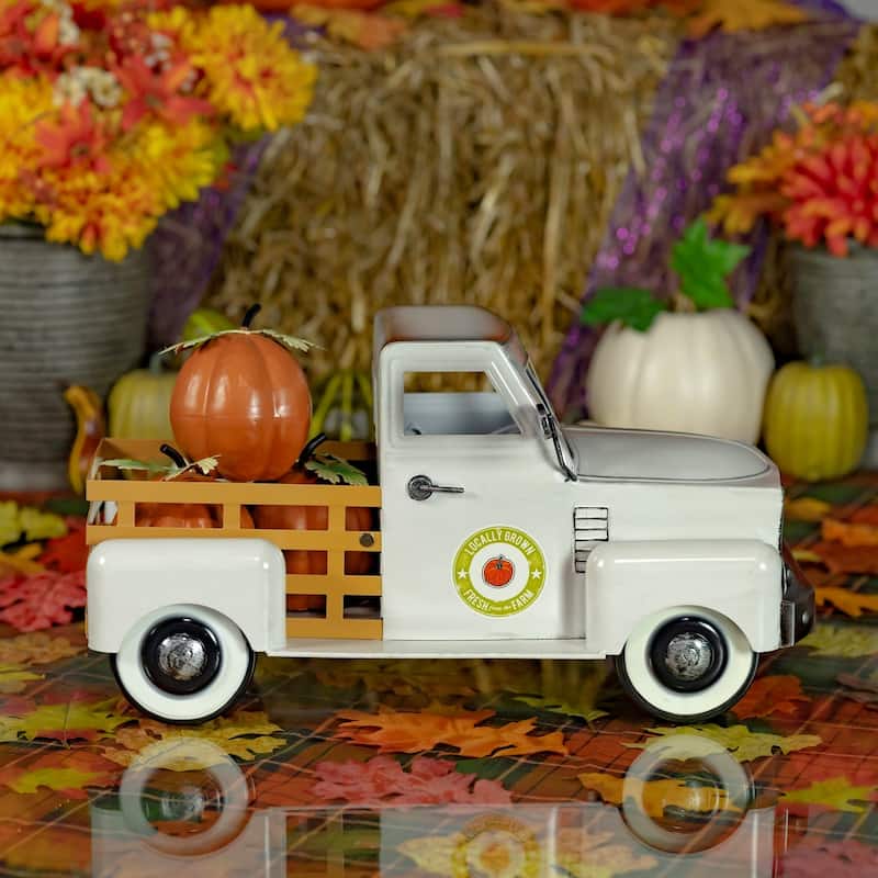 Country Style Metal Truck with Pumpkins in Antique White - 18" L x 8.6" W x 10" H