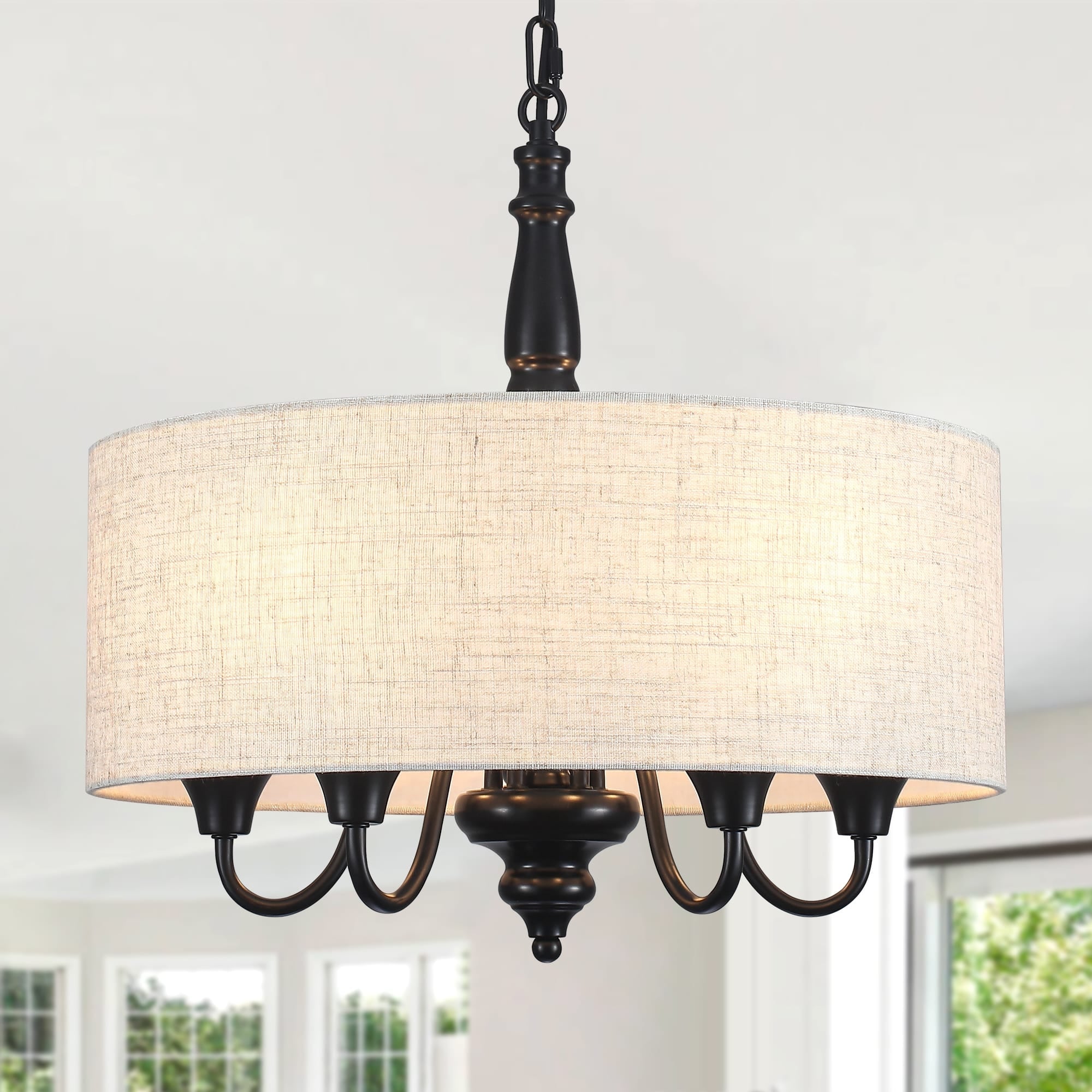 Rustic Industrial Ceiling Pendant Light with Linen Drum Shade 5-Light Chandelier for Kitchen Island