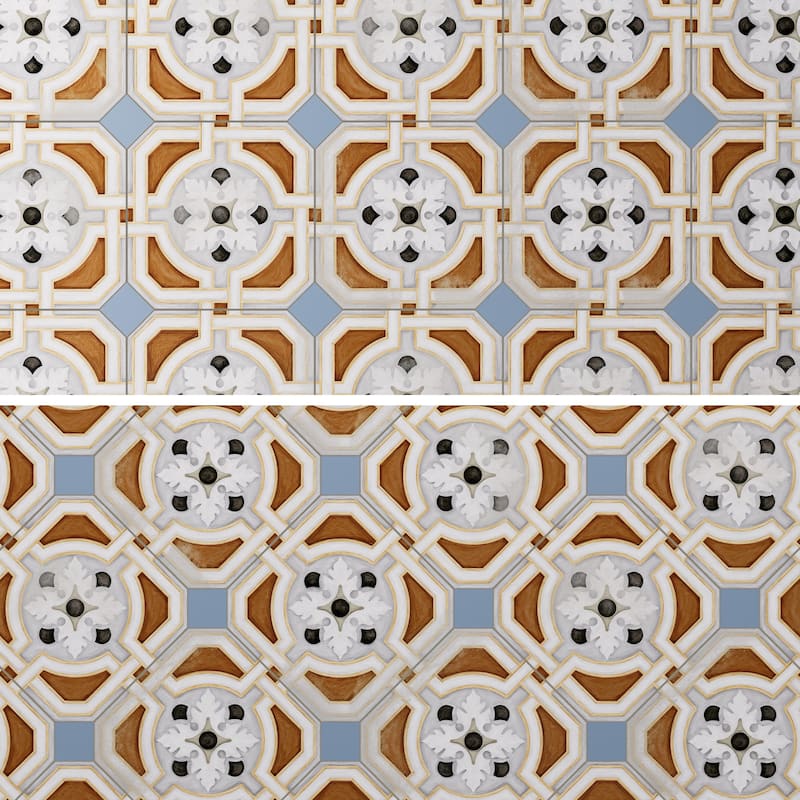 Merola Tile Vaudeville Octagon Deco Zimer with Taco Azzuro 7-7/8" x 7-7/8" Porcelain Floor and Wall Tile
