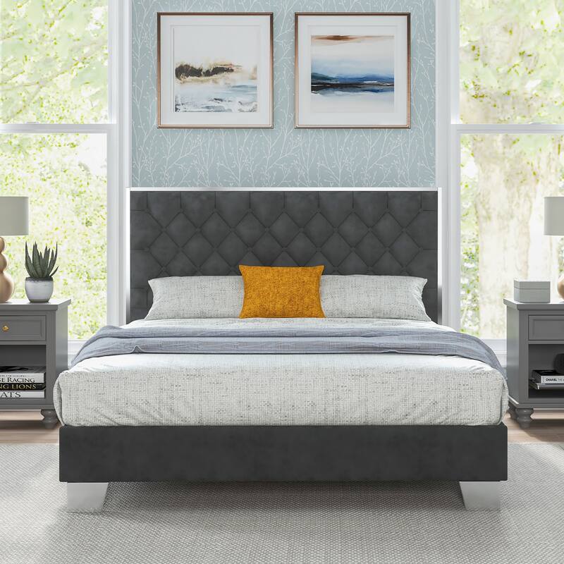 Costway Upholstered Bed Mattress Foundation with Button Tufted Velvet