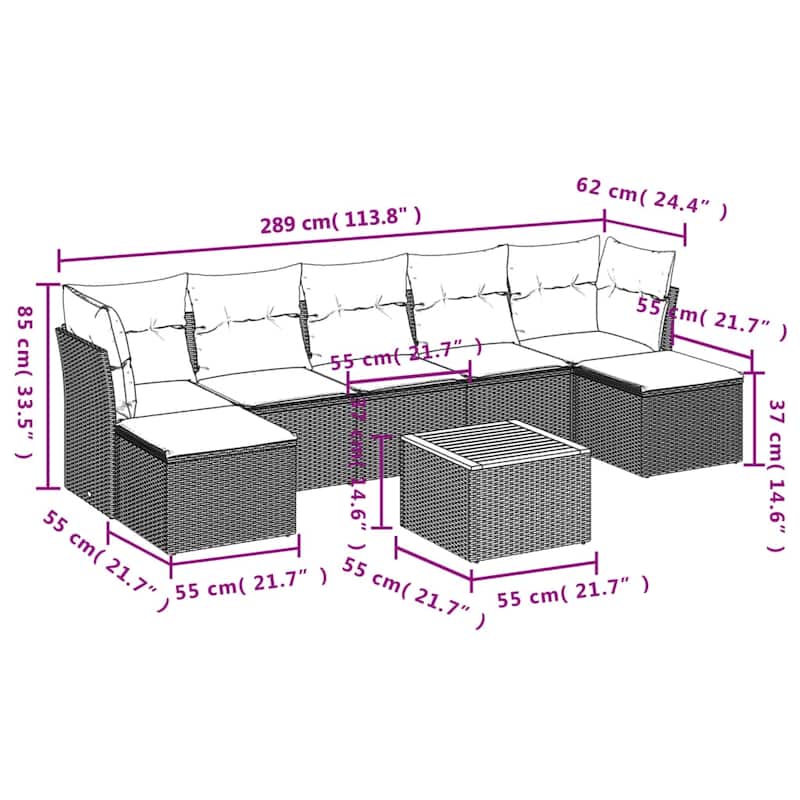 vidaXL Patio Sofa Set with Cushions Outdoor Furniture 8 Piece Poly Rattan - 24.4 x 24.4 x 27.2