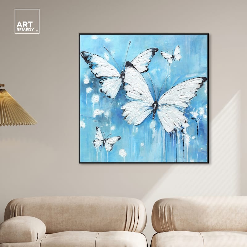 Art Remedy Textured Blue Butterflies Framed Butterfly 1 Piece Canvas Wall Art
