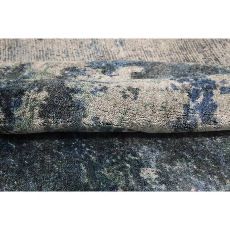 Hand Knotted Oriental Viscose Silk Carpet Modern Abstract Navy Blue & Blues Abstract Area Rug - 6' 8'' X 6' 8''