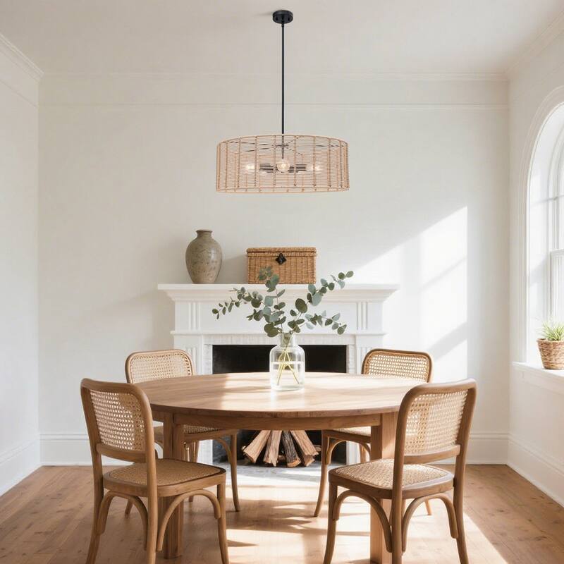 Farmhouse 5-Light Drum Chandelier Coastal Handmade Rattan Pendant for Dining Room - Nature - D26"xH9.8”