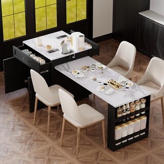 Kitchen Island With Extendable Dining Table For 4-6 Person,Two-tone Kitchen Table with Double-sized Storage,Power Outlet