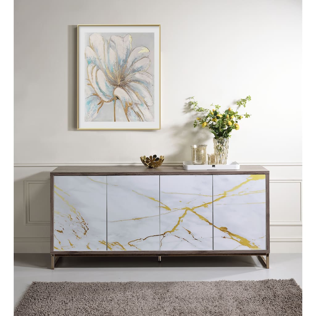 Paavan White Marble Paint Oak & Champagne Finish Console Cabinet