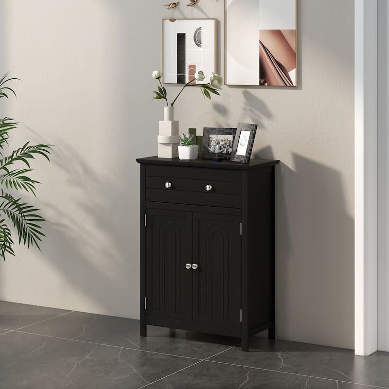 Gymax Bathroom Floor Cabinet Wooden Storage Organizer with Drawer &