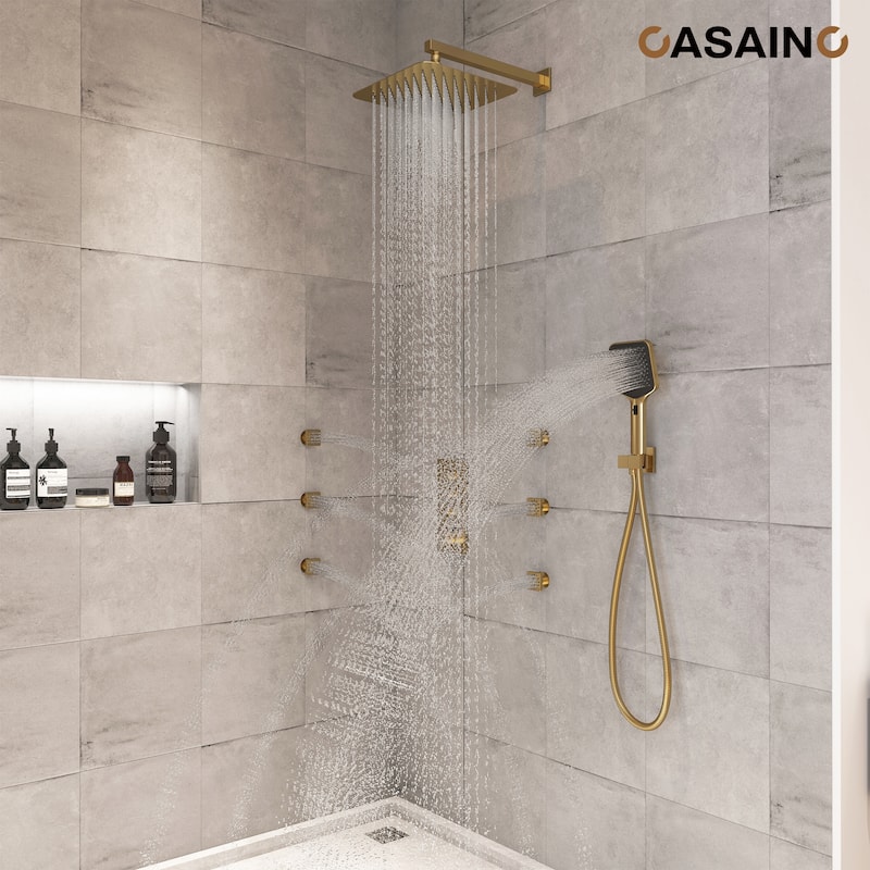 Luxury Thermostatic Shower System 3-Spray Patterns Wall Mount Fixed Shower Head and Handheld Spray with 6 Body Jets - 12" x 12" - Brushed Gold