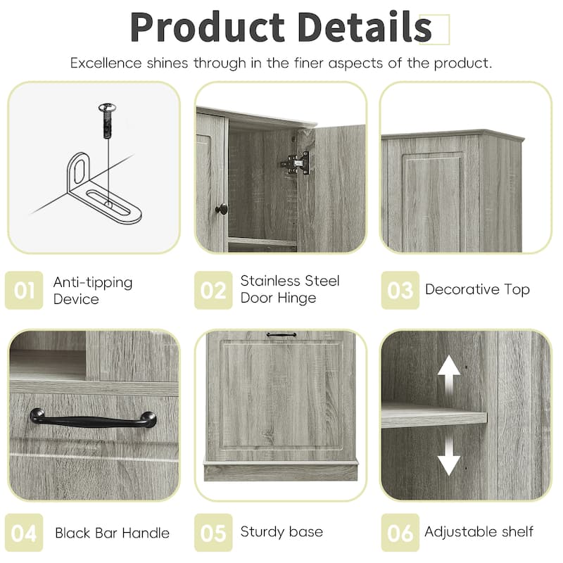 Tall Storage Cabinet with Adjustable Shelves and Flip-Out Basket, MDF Organizer with Enclosed Cabinets & Modern Handles