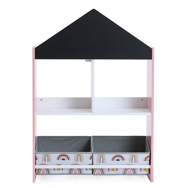 Children's Multi-Functional House Bookcase Toy Storage Bin Floor Cabinet with Blackboard