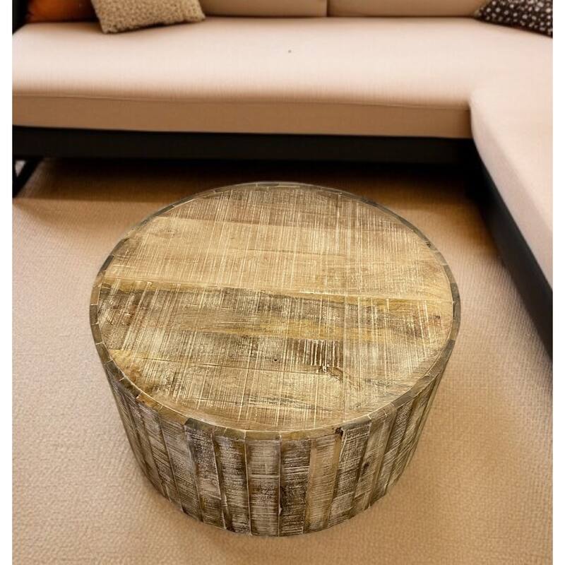 HomeRoots 32" Brown Solid Wood Round Distressed Drum Coffee Table - 32" W x 32" D x 18" H