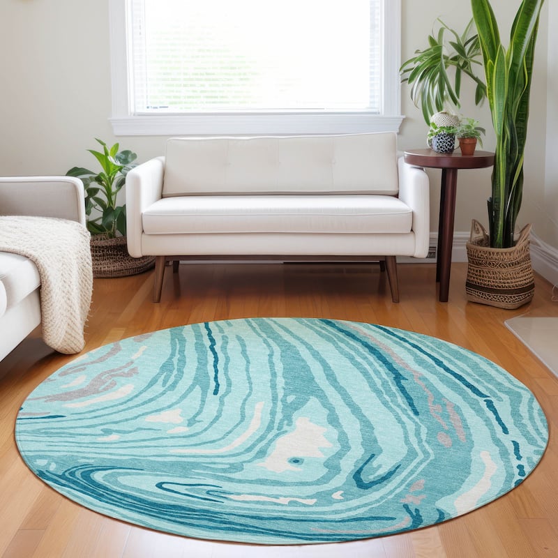 Machine Washable Indoor/ Outdoor Abstract Brushstrokes Chantille Rug - Turquoise - 8' x 8'