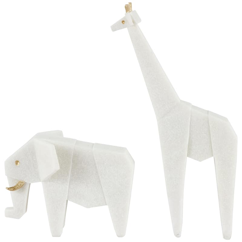 Polystone Elephant, Giraffe Cubist Inspired Sculpture with Gold Accents - Set of 2 White - Roche River Decor - 6"W x 9"L x 7"H