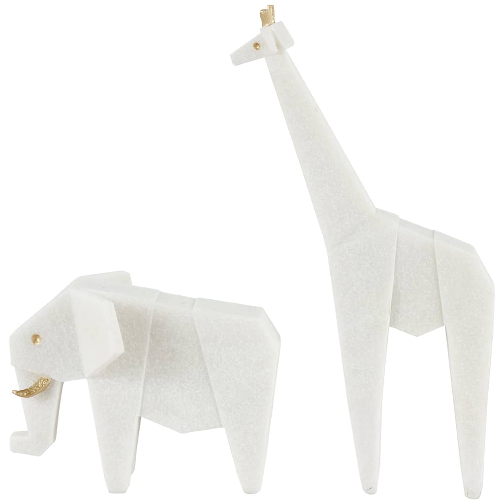 Polystone Elephant, Giraffe Cubist Inspired Sculpture with Gold Accents - Set of 2 White - Roche River Decor - 6"W x 9"L x 7"H