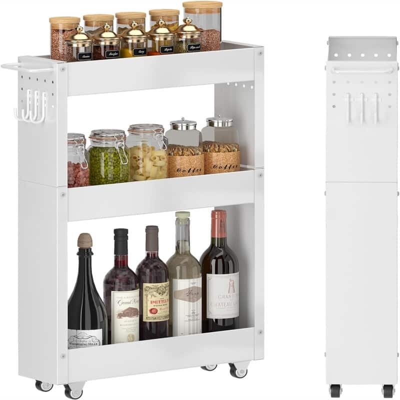 Storage Cart 5 in Width 4Tier White Rolling Cart with Handle - 16.7"D x 5"W x 27.17"H - White 3-Tier