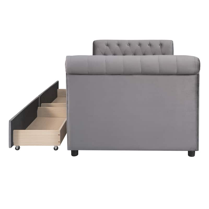 Twin Size Tufted Daybed w/ Drawers Storage Bed & Solid Wood Slats Support Upholstered Bed No Box Spring Needed Easy Assembly