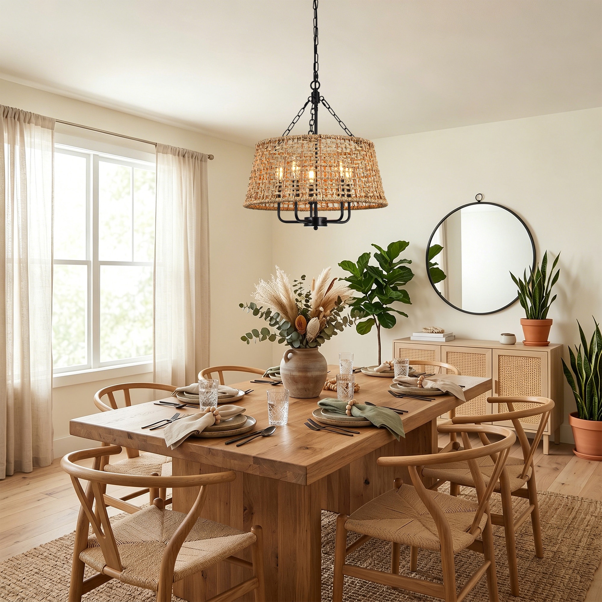 19.7" 5-Light Boho Drum Wicker Chandeliers, Hand-Woven Farmhouse Pendant Light Fixture with Adjustable Chain for Dining Room
