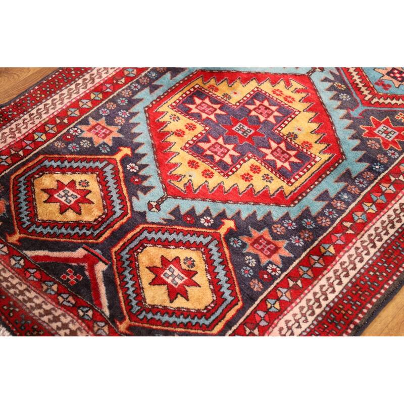 Navy Blue Ardebil Persian Vintage Runner Rug Handmade Wool Carpet - 3'5"x 10'5"